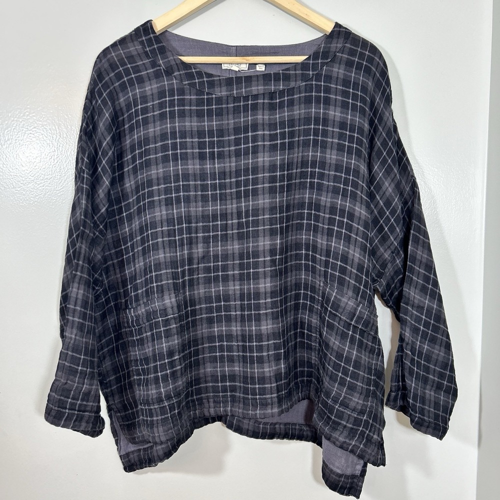 FAT FACE Blouse Women's 12 Oversized Gray Plaid Front Pockets Lined